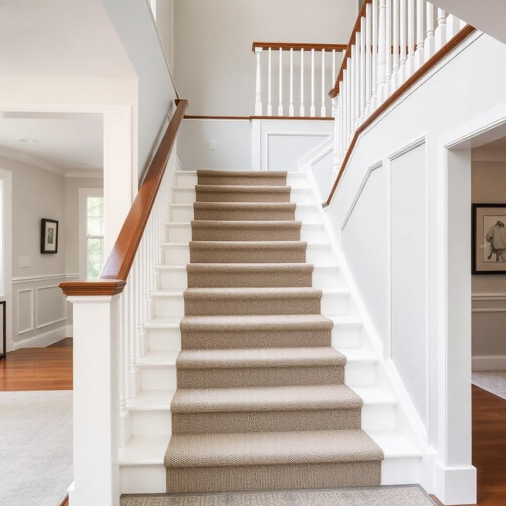 Carpeted staircase with white risers and wooden handrail